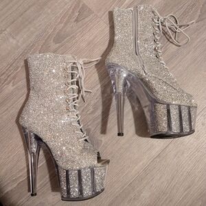Pleaser Glittering Silver Lace-Up Boots